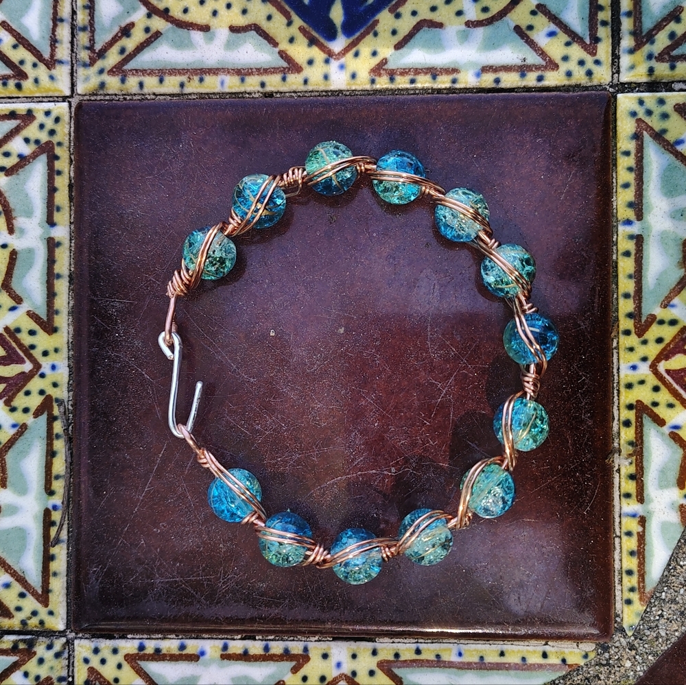 Blue and Copper Glass Beaded Bracelet